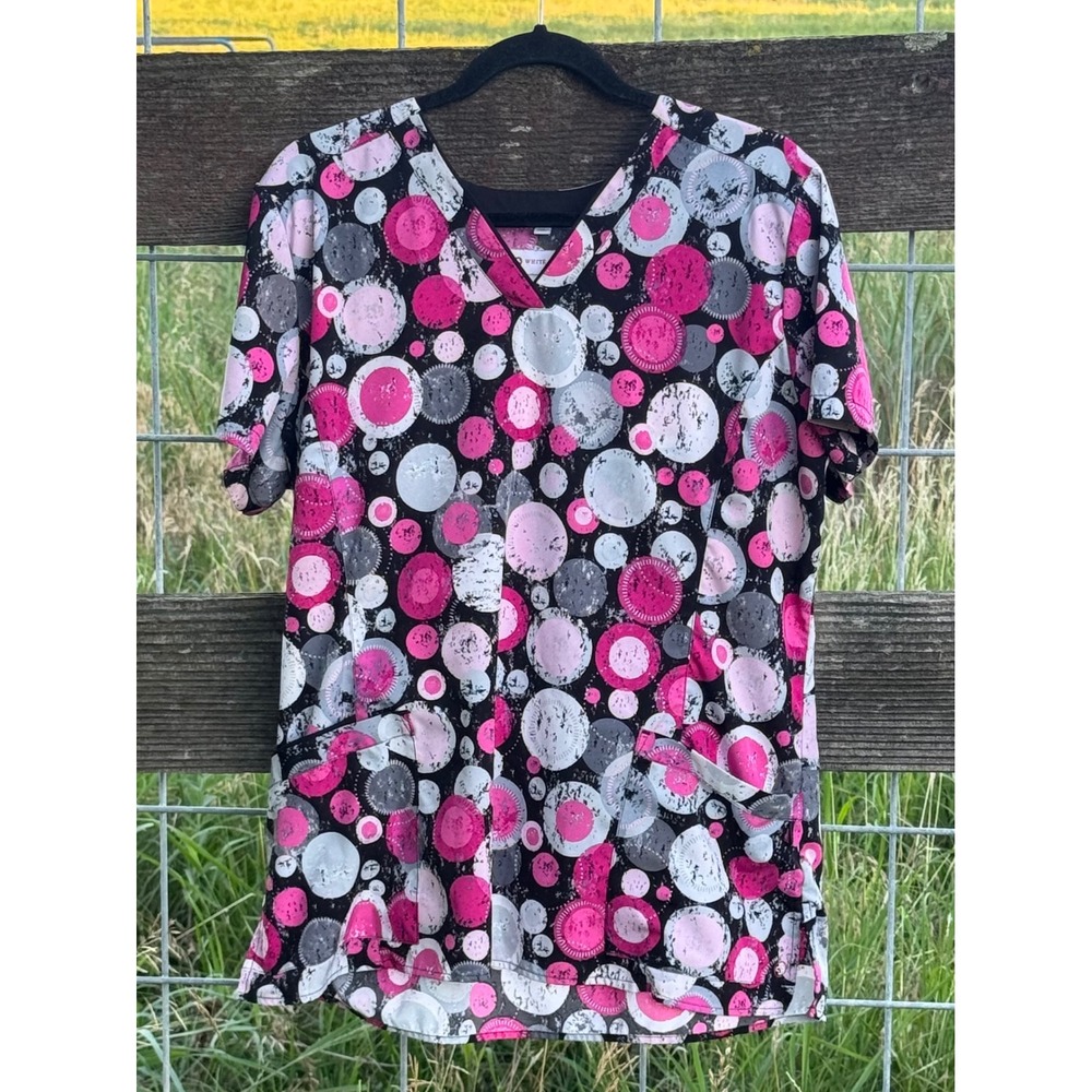 White Cross Pink Grey Abstract Circle Print V-Neck Scrub Top Womens Large 755DTC